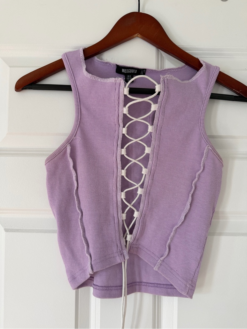 Missguided Lilac Ribbed Lace-Up Cotton Tank Top